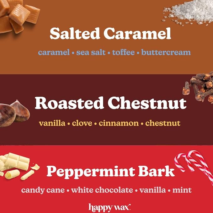 Happy Wax Fireside Treats Mix Scented Natural, Non Toxic Soy Wax Melts - 6 Total Oz. of Holiday Scented Wax Melts - Collection Includes: Peppermint Bark, Roasted Chestnut and Salted Caramel