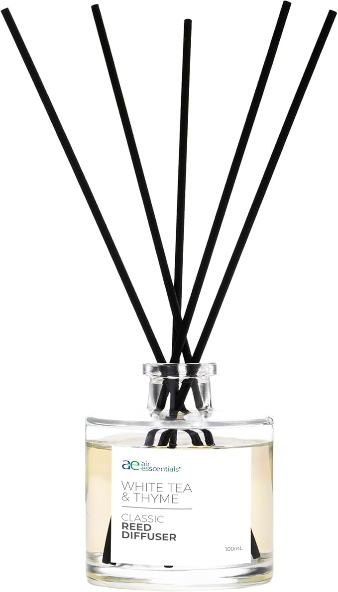 Air Esscentials Classic White Tea & Thyme Reed Diffuser Set - Decorative Fragrance Diffuser & Oil for Bathroom & Home | Long-Lasting Aroma | Natural Scent Sticks | Essential Oils & Botanicals| 100mL