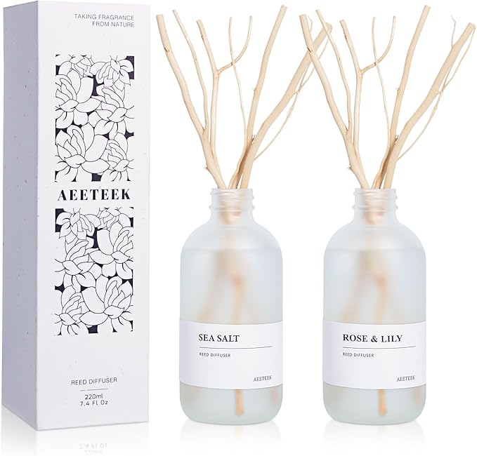 Rose Lily & Sea Salt Reed Diffuser Set of 2, 14.8 oz(220mlx2) Sea Salt Musk and Flower Essential Oils, Bathroom Air Freshener with Willow Branches Decor, Long Lasting Fragrance for Home
