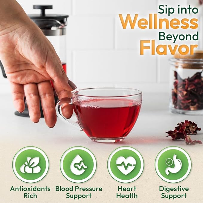 VietGlowie 30 Hibiscus Pyramid Tea Bags, 2.5g/Bag to 33oz, Hibiscus Flower Loose Leaf Herbal Tea, Refreshing & Tart, Caffeine-Free, 100% Natural, Corn-Based Tea Bags