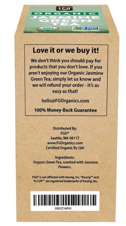 FGO Organic Jasmine Green Tea K-Cup Pods for Keurig, 24 Count (Pack of 1), Premium Green Tea is USDA Organic, Non-GMO, & Recyclable with Naturally Occurring Caffeine