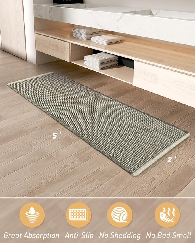 AMOAMI Upgraded Waffle Runner Rug Super Absorbent Non Slip Bath Mats for Bathroom Machine Washable Bathroom Runner Rug with Tassels, Ideal for Hallway Bedroom Laundry Room, 2' x 5', Green & Cream