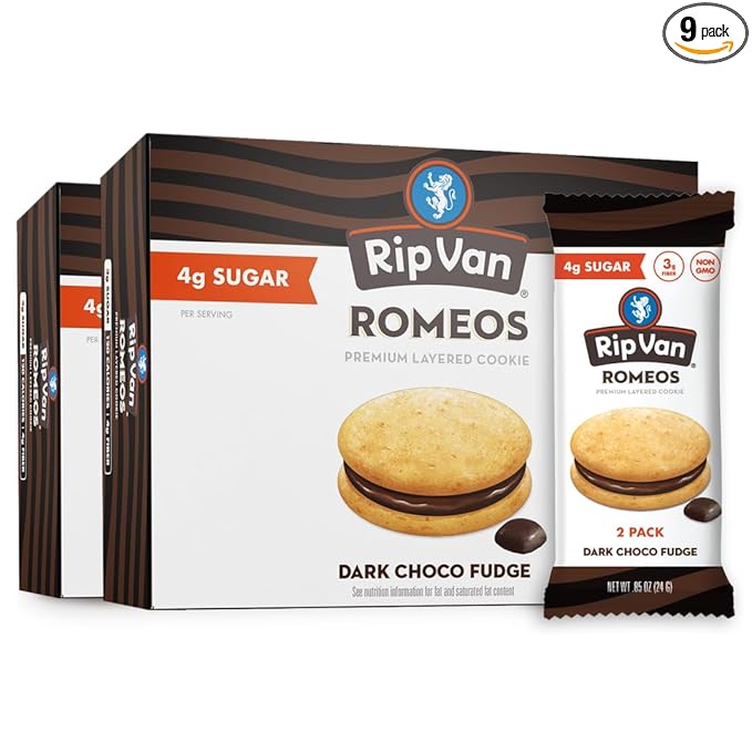 Rip Van Romeos Dark Chocolate Fudge Cookies - Low Sugar Cookies - Healthy Keto Snack - Individual 2 Packs (18 Count)