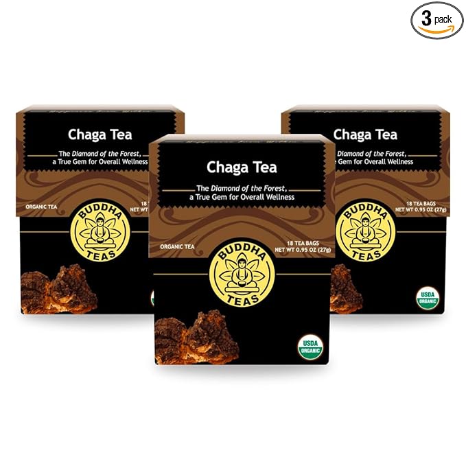 Buddha Teas - Chaga Tea - Organic Herbal Tea - For Cognitive Balance & Overall Health - With Chaga Mushroom, Antioxidants & B Vitamins - Caffeine Free - 100% Kosher & Non-GMO - 18 Tea Bags (Pack of 3)