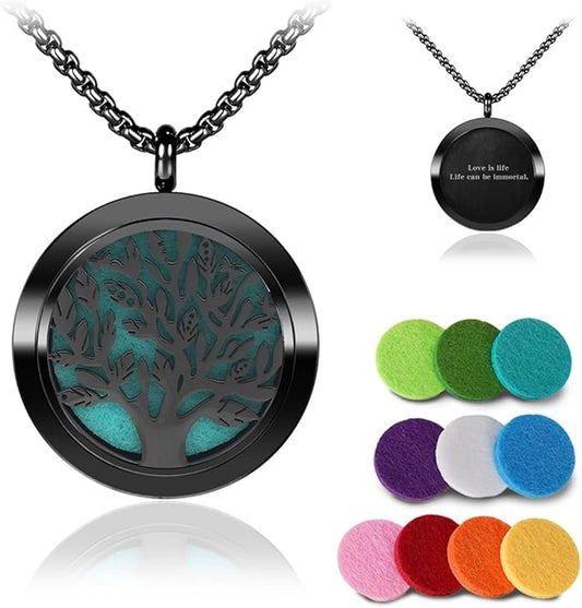 Aromatherapy Diffuser Necklace-Tree of Life Essential Oil Necklace,Aromatherapy Diffuser Pendant for Men and Women,Portable,Suitable for Yoga,Meditation,Travel,Stress Relief Gift(Black 30mm)