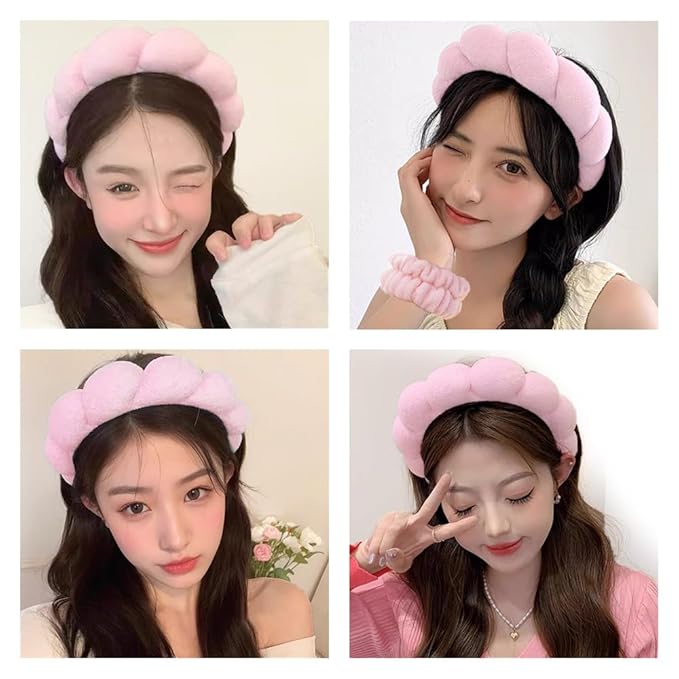Spa Headbands for Washing Face Wristband Set Sponge Makeup Skincare Headband Wrist Towels Bubble Soft Terry Towel Cloth Hairband for Women Puffy Headwear Non Slip Thick Thin Hair Headwear (Light pink)