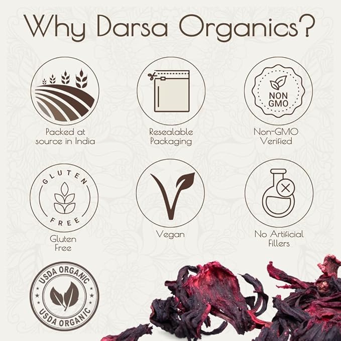 Darsa Organics Hibiscus Flowers Cut & Sifted 16 oz - USDA Organic Flor de Jamaica, Dried Hibiscus Flower for Hibiscus Tea, Cooking & Beverages, Vegan, Non-GMO, Kosher Certified (Pack of 2)