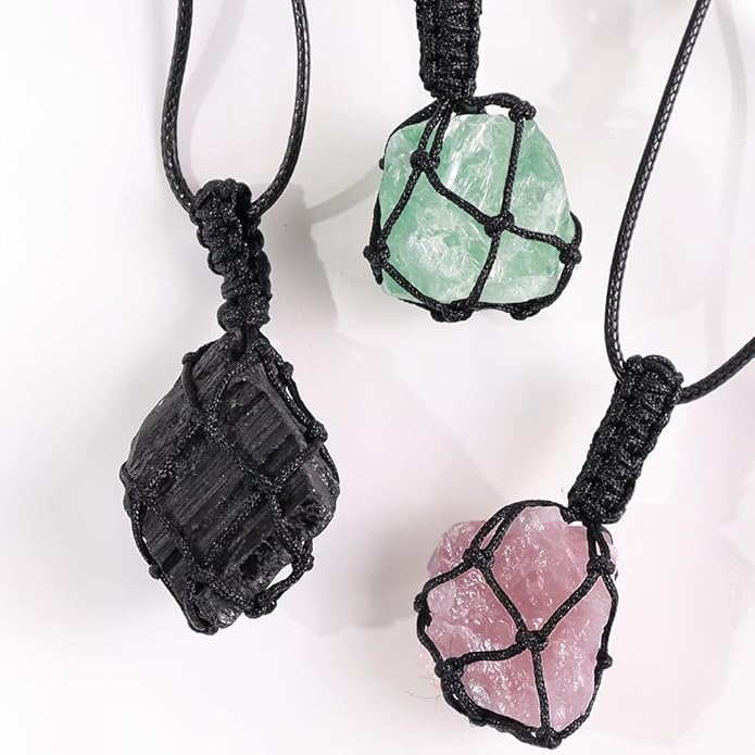 Handmade Natural Gemstone Crystal Pendant Necklace Stone Holder Necklace Cord Net Necklace with Adjustable Length for Women Men