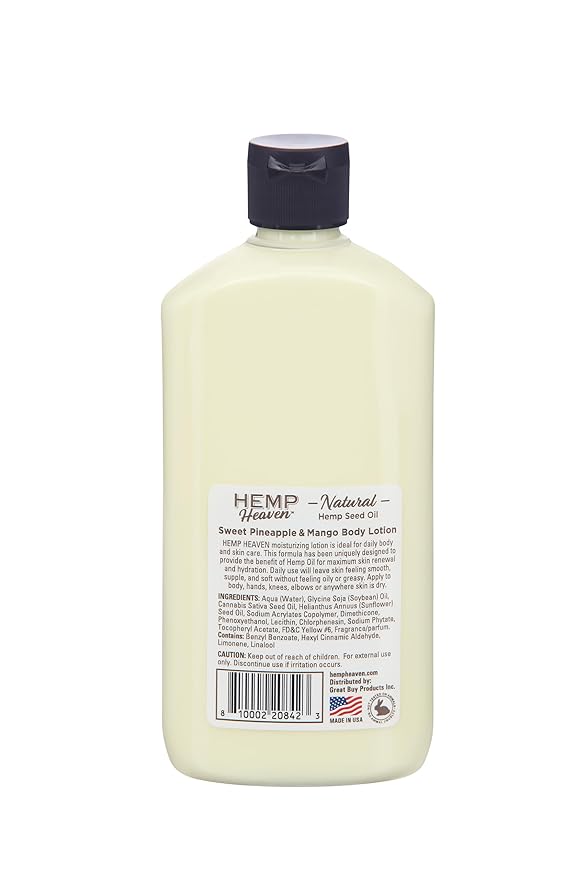 Hemp Heaven Lotion - Moisturizing Body Lotion with Natural Hemp Seed Oil & Pineapple & Mango Scent, 12 oz, Paraben-Free Hemp Lotion for Women & Men, Made in USA, Soothes & Nourishes