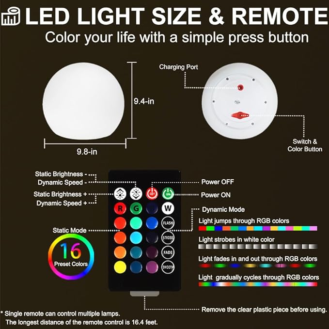 10 In LED Globe Light w/Remote, 16 RGB Colors 4 Modes & 8 Dimmable Brightness LED Ball Light Sphere Lamp, Rechargeable Orb Night Light Waterproof Outdoor Globe Lamp for Home/Yard/Lawn/Party/Pool Decor