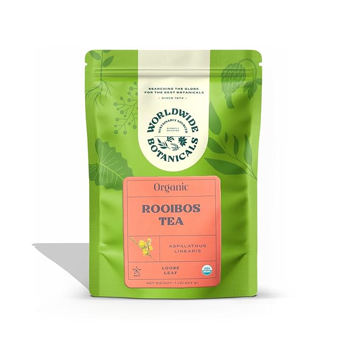 Worldwide Botanicals Organic Red Rooibos Tea – 1lb - 100% South African Aspalathus linearis – Loose Leaf, Cut and Sifted - Resealable Bag for Freshness, 1 Pound Bag