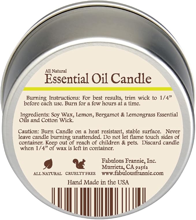 Fabulous Frannie All Natural Aromatherapy Soy Candle Travel tin Made with Pure Essential Oils 100 Hours Burn time 6oz (Lemon Bergamot)
