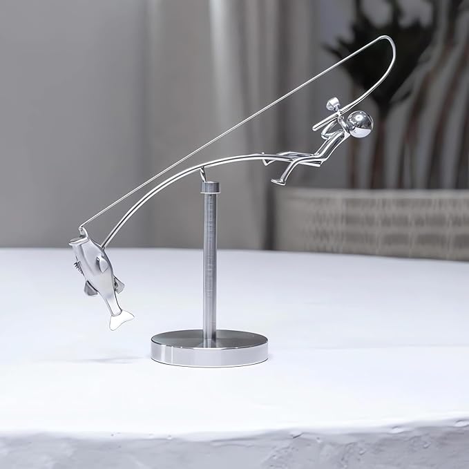 Kinetic Fishing Sculpture - Balance Art for Your Space, Fisherman Kinetic Balancing Desk Toy Fishing Physics Sculpture for Home Office Art Deco, Stainless Steel Balance Physics Toy (2pcs)