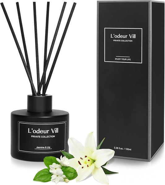 L'odeur Vill Reed Diffuser, 3.4oz(100ml) Jasmine & Lily Reed Diffuser Set with 6 Oil Diffuser Sticks, Matte Black Aroma Scent Diffuser, Long Lasting Home Fragrance for Bathroom Shelf Decor