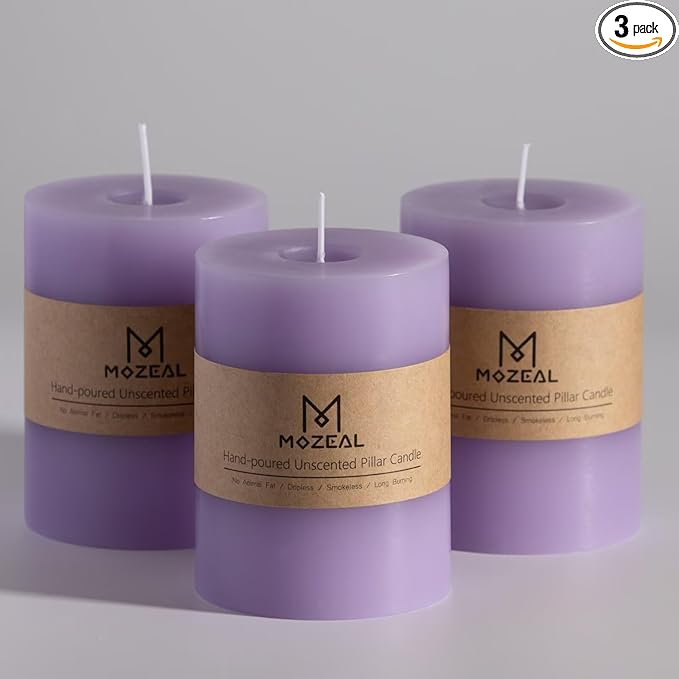 MOZEAL 3" x 4" Hand-Poured Unscented Lavender Candle, Dripless Light Purple Pillar Candle Set of 3, Long Clean Burning, Approx 72 Hours Burn Time, Rustic Country Style, Home Decor