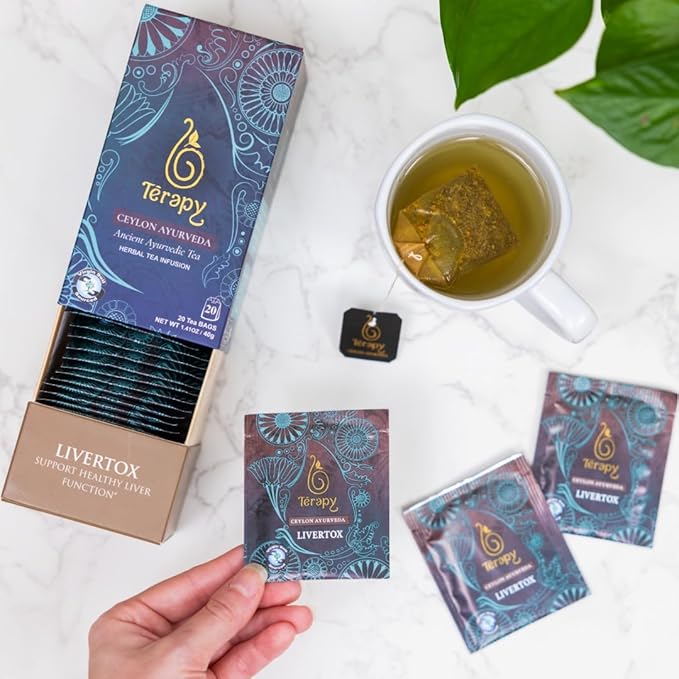 Tรฉrapy Ceylon LIVERTOX Organic Herbal Tea Bags | Helps with Liver Kidney Cleanse Detox & Repair | 100% Natural Ayurvedic Ingredients including Turmeric, Aloe Vera and Lemongrass | 20 Individually Wrapped Tea Bags