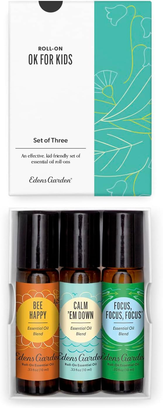 Edens Garden OK For Kids Essential Oil Roll-On 3 Set – 100% Pure Therapeutic Grade, Natural Aromatherapy Blends – Gentle & Pre-Diluted, Includes Bee Happy, Calm 'Em Down & Focus, 10 ml Roll-On/ 3 Pack