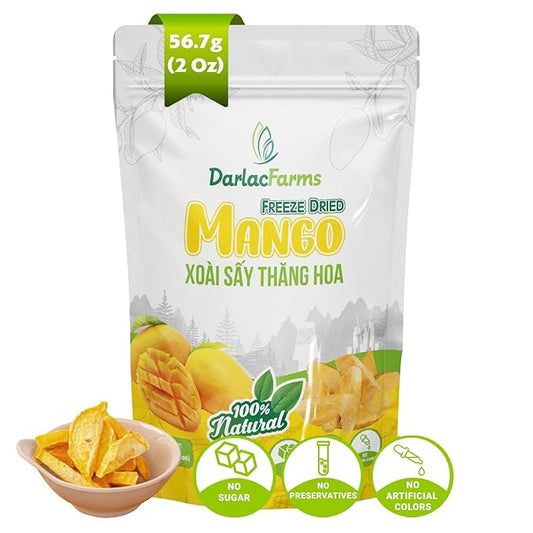 DARLAC FARMS Freeze Dried Mango Slices, Pack 1, No Sugar Added, Healthy Fruit Snacks for Kids, Adults & All Ages, Premium Organic Crispy Crunchy Snacks, Tea, Baking, Smoothie, Yogurt, 2 Oz