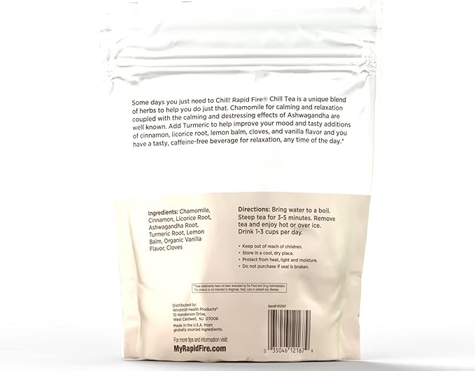 Chill Tea, Soothing Blend, Promotes Relaxation, with Ashwagandha, Chamomile, Turmeric, Stress Relief Tea, Caffeine Free, 14 Tea Bags, 14 Servings