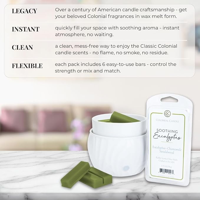 Colonial Candle Soothing Eucalyptus Wax Melts, Wax Melt Warmer Cubes, Long Lasting Scented Wax Warmer Cubes, 4 Pack, 6 Cubes Each - Made in The USA