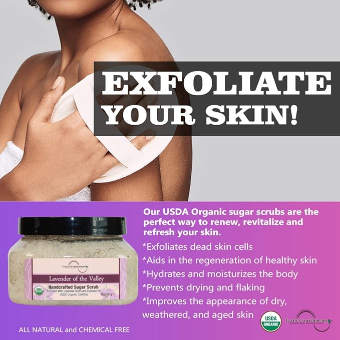 Sugar Scrub, USDA Organic Sugar Scrub, Vegan Soothing Lavender Body Scrub, Moisturizing, Hydrating, Exfoliating, Great for Rough, Dry Skin, Lips, Feet and Elbows, Coconut, Avocado, and Grape Seed Oil 16 oz