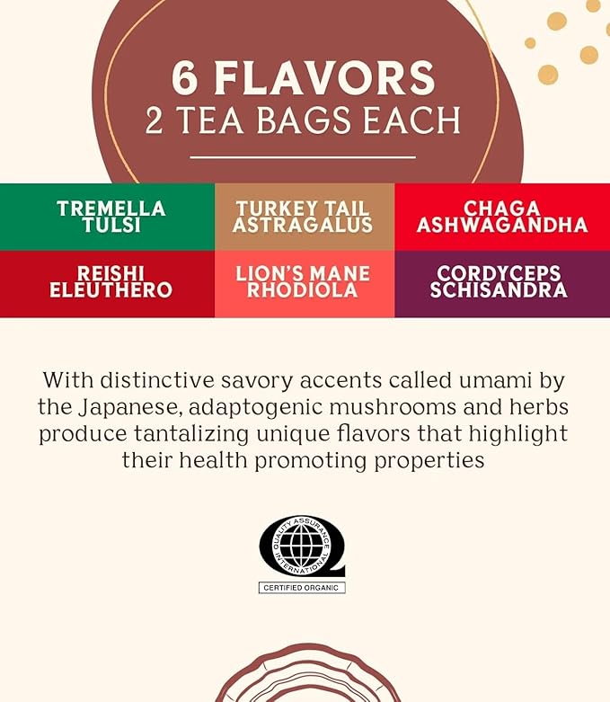 Teeccino Mushroom Herbal Tea - Mushroom Adaptogen Tea Sampler - 12 Tea Bags - Support Your Health With Mushrooms and Adaptogenic Herbs, Prebiotic, Caffeine Free, Acid Free