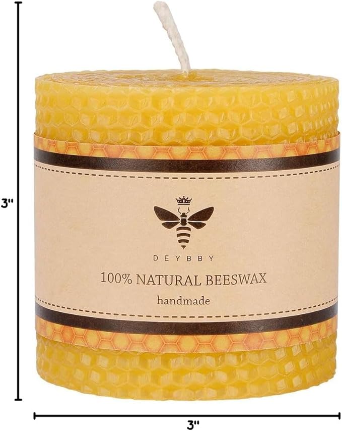 3×3 in Beeswax Pillar Candle - Handmade Pure Beeswax Rolled Candle for Gift & Home Decor