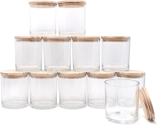 14 OZ Thick Candle Jars for Making Candles 12 Pcs, 3 Wick Empty Jars with Wood Lids for Candle Making, Sample Container,Clear