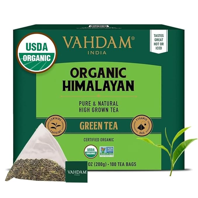 VAHDAM, Organic Himalayan Green Tea (100 Count) High Grown, Non GMO, Gluten Free, Low Caffeine | Earthy & Smooth | Resealable & Plant-Based Pyramid Tea Bags