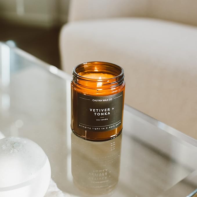 Calyan Wax Co. Soy Wax Candle, Vetiver + Tonka Scented Candle, 57 Hour Burn Time, Aromatherapy Soy Candles, Non Toxic & Vegan Soy Wax, Amber Glass Jar Scented Candles, 7.2oz
