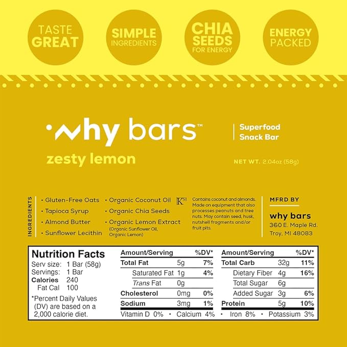 Why Bars, Protein Bars, Zesty Lemon, 2.04 Ounce Bars (Pack of 12 Protein Bars) - Protein Bar Superfood, Gluten Free, Non GMO, Organic, Vegan, Simple Ingredients