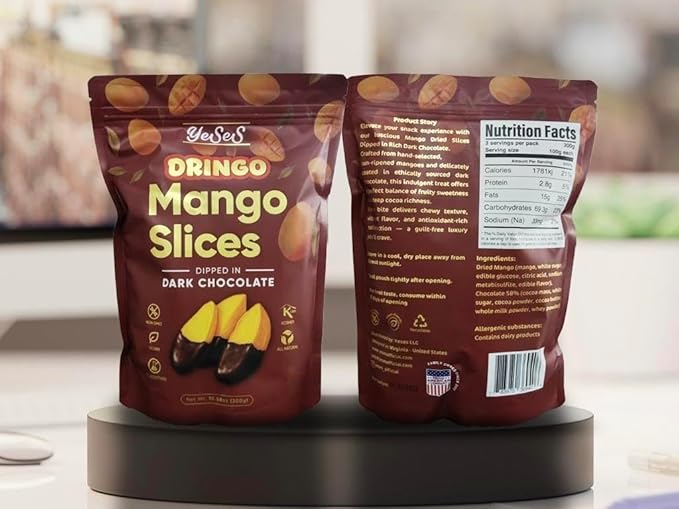 Mango Slices Dipped in Dark Chocolate Dringo Yeses – Premium Dried Mango Snack, Non-GMO, Vegan, Kosher, All-Natural, No Additives, 10.58 oz (300g) Resealable Bag (1 Pack)