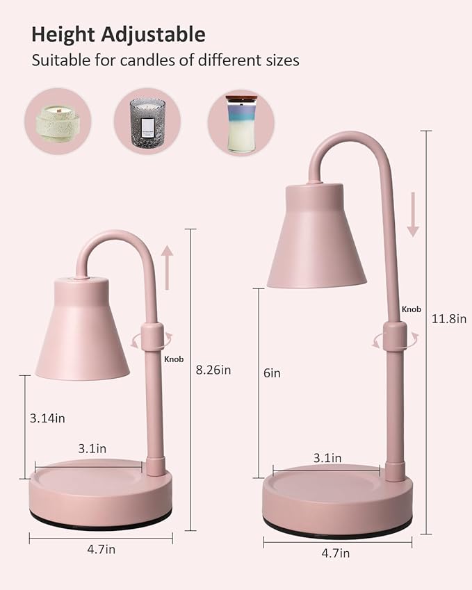 Candle Warmer Lamp with Adjustable Height, Stepless Dimming Function-Home Decor Lamp, Metal Candle Lamps for Jar Candles, No Flame Scented Candle Warmers with 2 Bulbs (Pink)