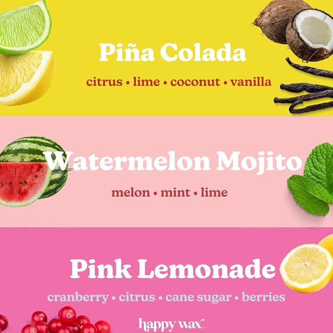 Happy Wax Cocktail Scented Natural Soy Wax Melts – 6 Oz. of Scented Wax Melts, Includes Pink Lemonade, Watermelon Mojito and Pina Colada. Made in USA