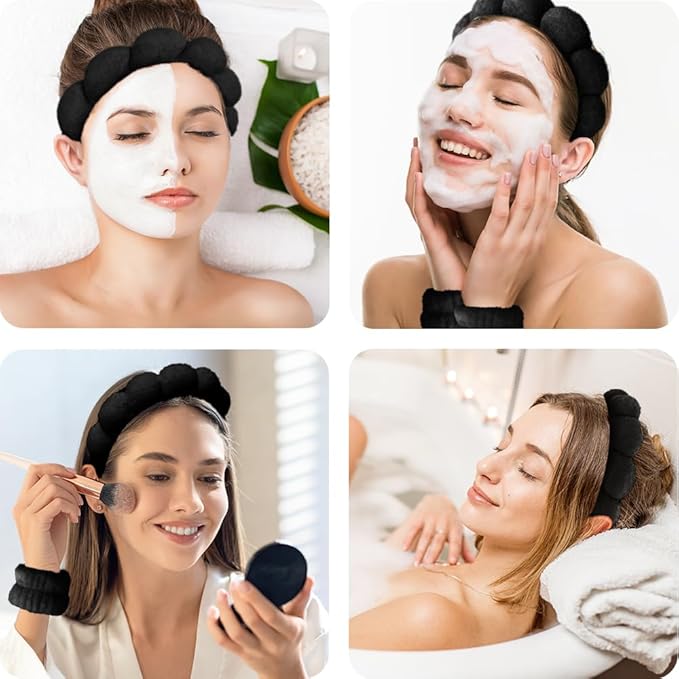 Spa Headbands for Washing Face Wristband Set Sponge Makeup Skincare Headband Wrist Towels Bubble Soft Terry Towel Cloth Hairband for Women Puffy Headwear Non Slip Thick Thin Hair Headwear (Black)