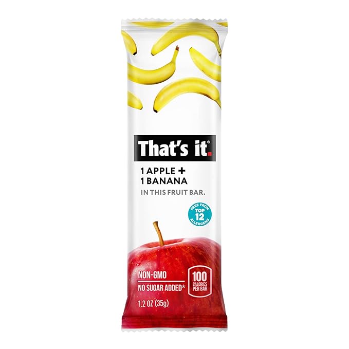 That's it Apple + Banana 100% Natural Real Fruit Bar, Best High Fiber Vegan, Gluten Free Healthy Snack, Paleo for Children & Adults, Non GMO Sugar-Free, No Preservatives Energy Food (12 Pack)