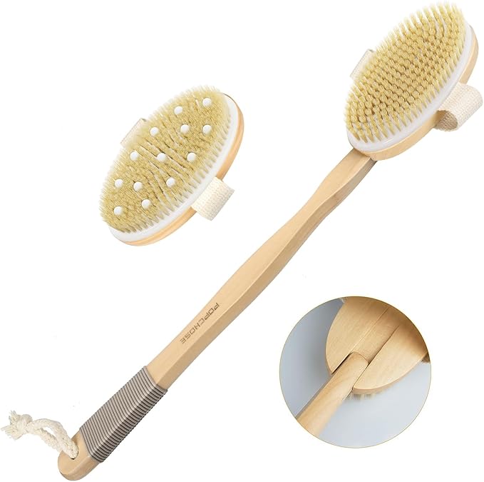 Dry Brushing Body Brush, POPCHOSE Body Scrubber for Men Women, Back Scrubber for Shower, Natural Bristle Exfoliator Scrubber for Body Cellulite and Lymphatic, Long Handle, Detachable, Dual Brush Heads