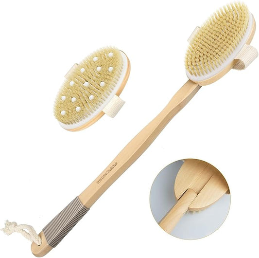 Dry Brushing Body Brush, POPCHOSE Body Scrubber for Men Women, Back Scrubber for Shower, Natural Bristle Exfoliator Scrubber for Body Cellulite and Lymphatic, Long Handle, Detachable, Dual Brush Heads