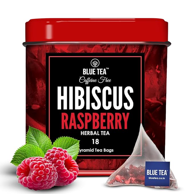 BLUE TEA - Hibiscus Tea - 18 Count - Raspberry - Pyramid Plant Based Tea Bag | SKIN GLOW ENHANCING TEA | Herbal Tea - Tangy Flavor - Flower Based - Caffeine Free - Vegan - Non-GMO | Tin Packaging