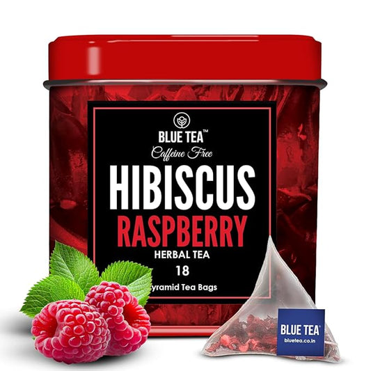 BLUE TEA - Hibiscus Tea - 18 Count - Raspberry - Pyramid Plant Based Tea Bag | SKIN GLOW ENHANCING TEA | Herbal Tea - Tangy Flavor - Flower Based - Caffeine Free - Vegan - Non-GMO | Tin Packaging