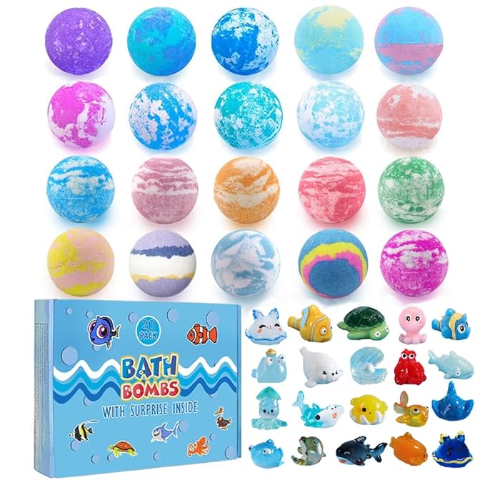 Bath Bomb Gift Set with Surprise Inside, 20 Pack Organic Bath Bombs for Kids, Kids Safe Handmade Fizzy Balls for Kid, Ideal Birthday Gift for Kids, Boys, Girls