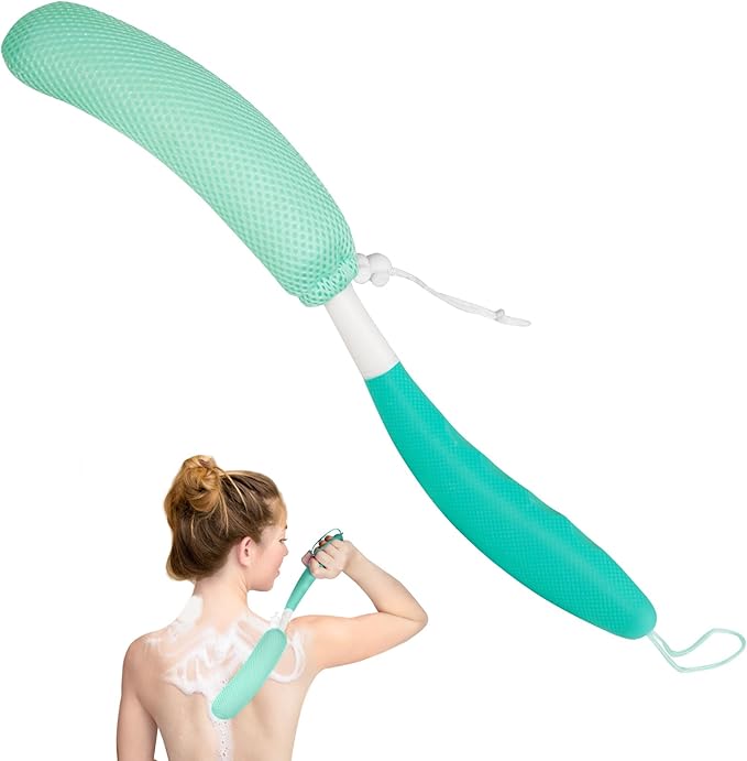 Long Handle Bath Brush Back Scrubber for Use in Shower,Dual-Sided Non Slip Shower Scrubber for Cleaning Body,Exfoliator Wet or Dry Brushing Bath Brush Long Handle for Shower (Green-Green)