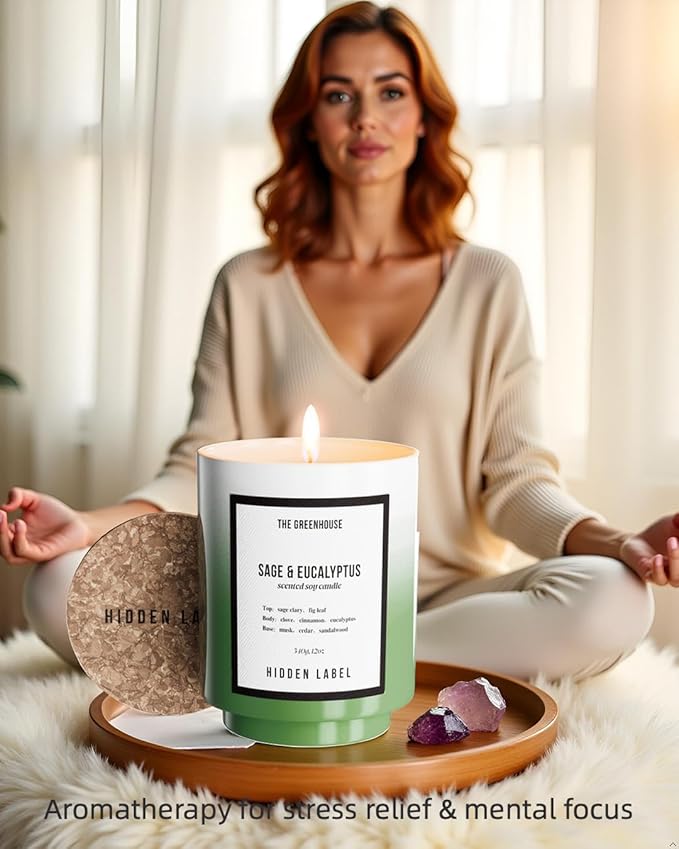 Hidden Label Eucalyptus&Sage Soy Candle, 12oz/75-Hours Burn Time, 100% Natural Candles Non Toxic, Aromatherapy Candle for Home Scented,Women,Stress Relief, Meditation, Yoga & Relaxation