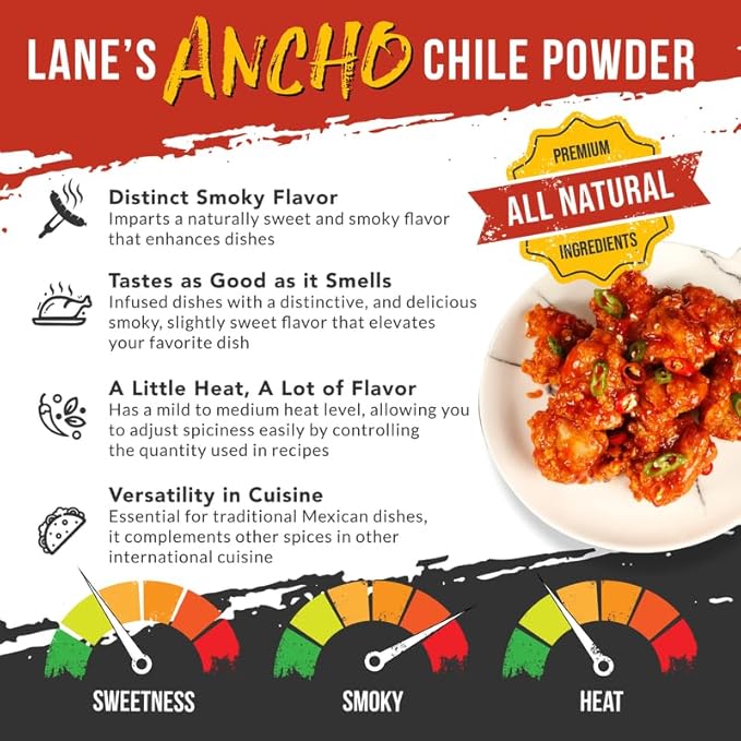 Lane's Ancho Chile Powder, All-Natural Ancho Chili Powder Spice with Sweet & Smoky Flavor, Ideal for Mexican Dishes & Homemade Chili, No Preservatives, Made in USA, 7.3 oz