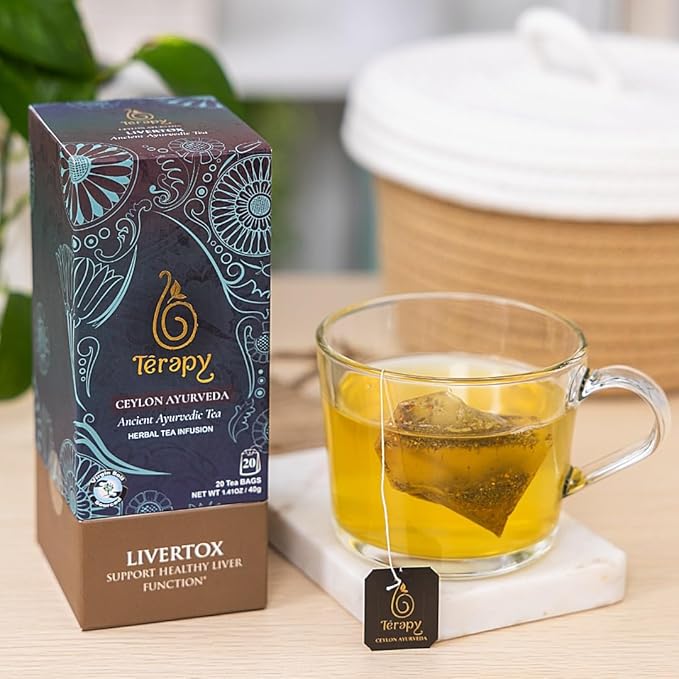 Tรฉrapy Ceylon LIVERTOX Organic Herbal Tea Bags | Helps with Liver Kidney Cleanse Detox & Repair | 100% Natural Ayurvedic Ingredients including Turmeric, Aloe Vera and Lemongrass | 20 Individually Wrapped Tea Bags
