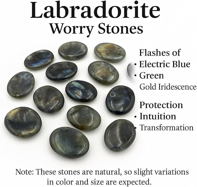 Labradorite Worry Stone 35-40mm – Healing Thumb Crystal for Anxiety & Stress Relief – Palm Meditation Stone with Velvet Pouch Gift for Men & Women