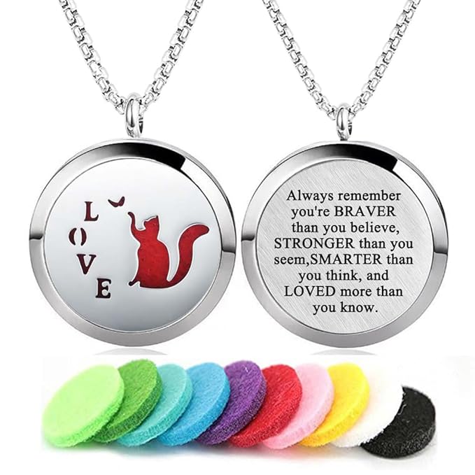 Aromatherapy Essential Oil Diffuser Necklace Stainless Steel lnspirational Locket Pendant(Love Cat)