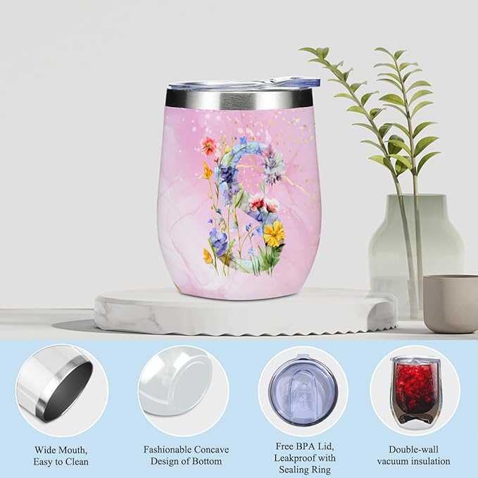 Personalized Gifts Monogrammed Birthday Gifts for Women, New Mom, Grandma Valentine's Day Thank You Christmas, Initial Wine Tumbler Makeup Bag Scented Candle Bracelet Set, (Aesthetic Pink Flower S)
