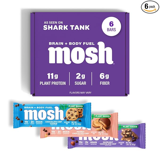MOSH Variety Pack Vegan Protein Bars, Plant Based, Keto, Gluten Free, Brain Healthy Snack with Cognizin, Ashwagandha and Lion's Mane, 6 Count