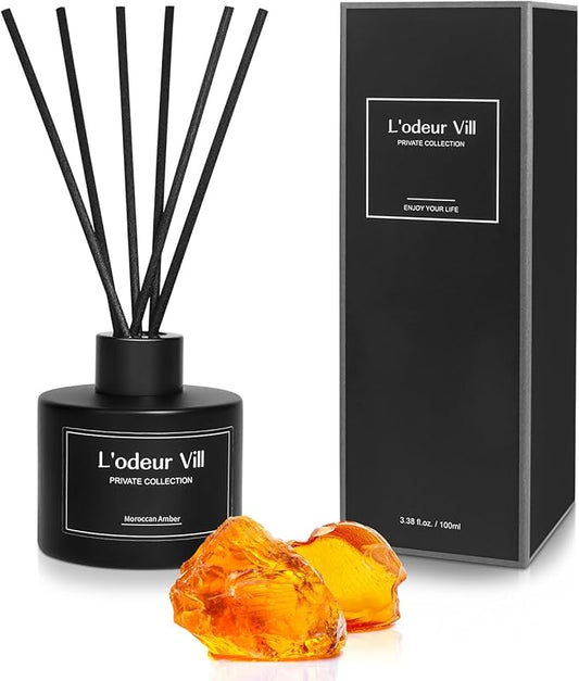 L'odeur Vill Reed Diffuser, 3.4oz(100ml) Moroccan Amber Reed Diffuser Set with 6 Oil Diffuser Sticks, Matte Black Aroma Scent Diffuser, Long Lasting Home Fragrance for Bathroom Shelf Decor